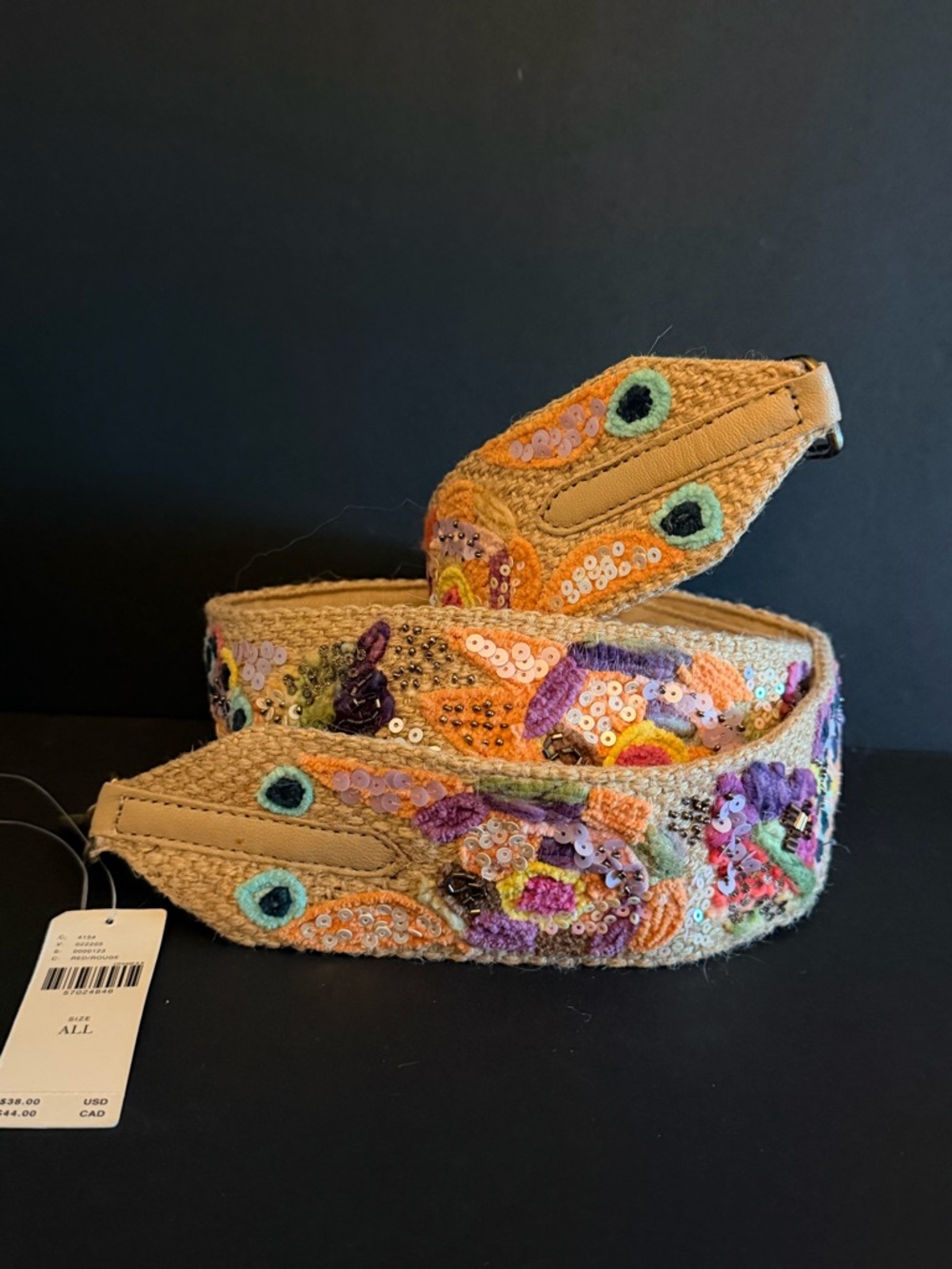 Anthropologie Beige Canvas Bag Strap with Multicolor Embellishment